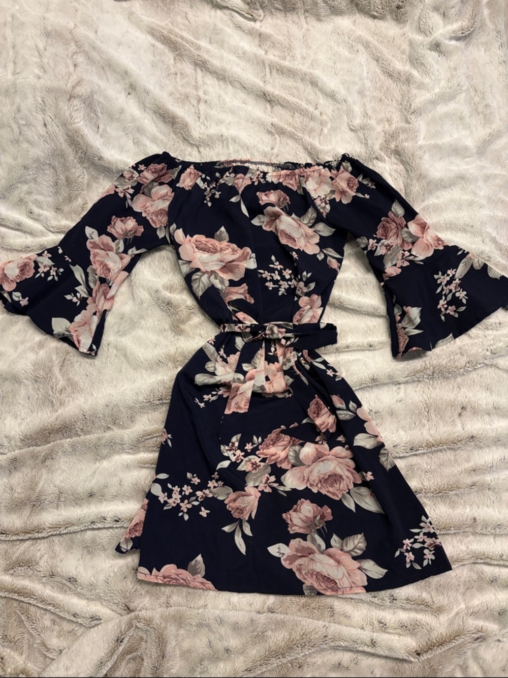 Amazon Navy One-Shoulder Floral Dress with Pink Rose Print